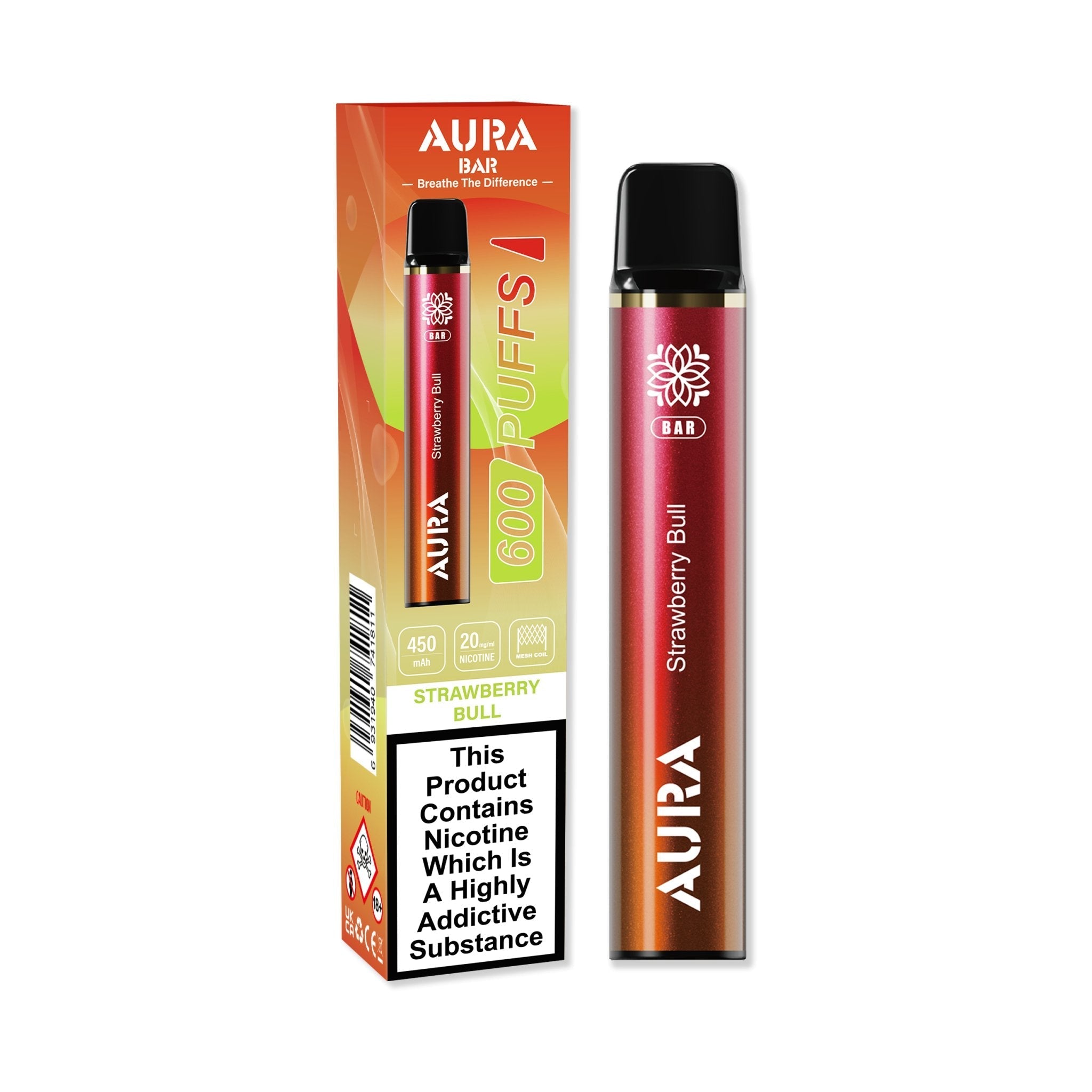 Aura Bar 600 Puffs Disposable Vape By Crystal Prime - Wolfvapes.co.uk-Strawberry Bull