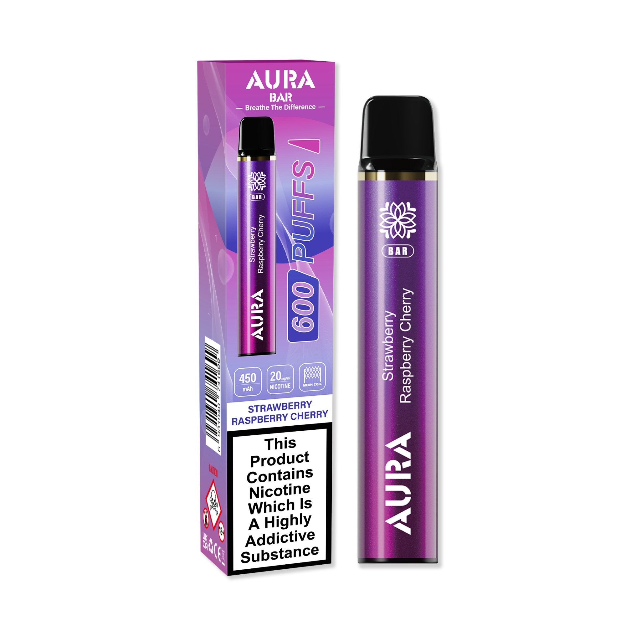 Aura Bar 600 Puffs Disposable Vape By Crystal Prime - Wolfvapes.co.uk-Strawberry Raspberry Cherry
