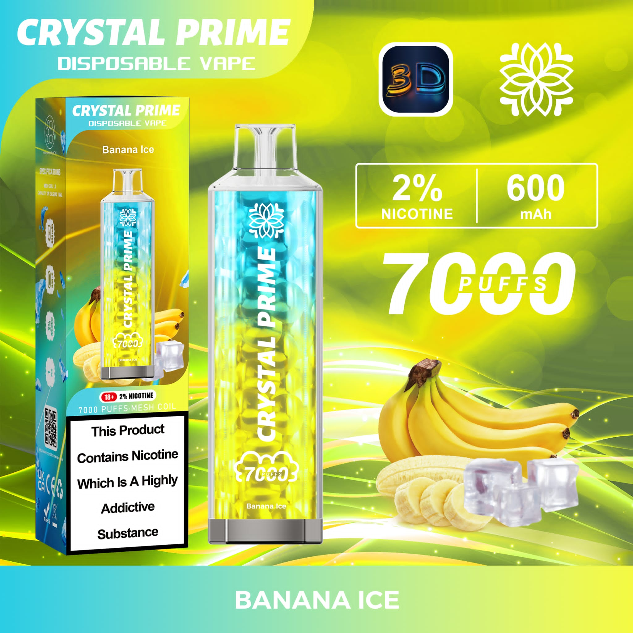 Crystal Prime 3D Effects 7000 Disposable Vape Pod Puff Device Kit - Wolfvapes.co.uk-Banana Ice **New**