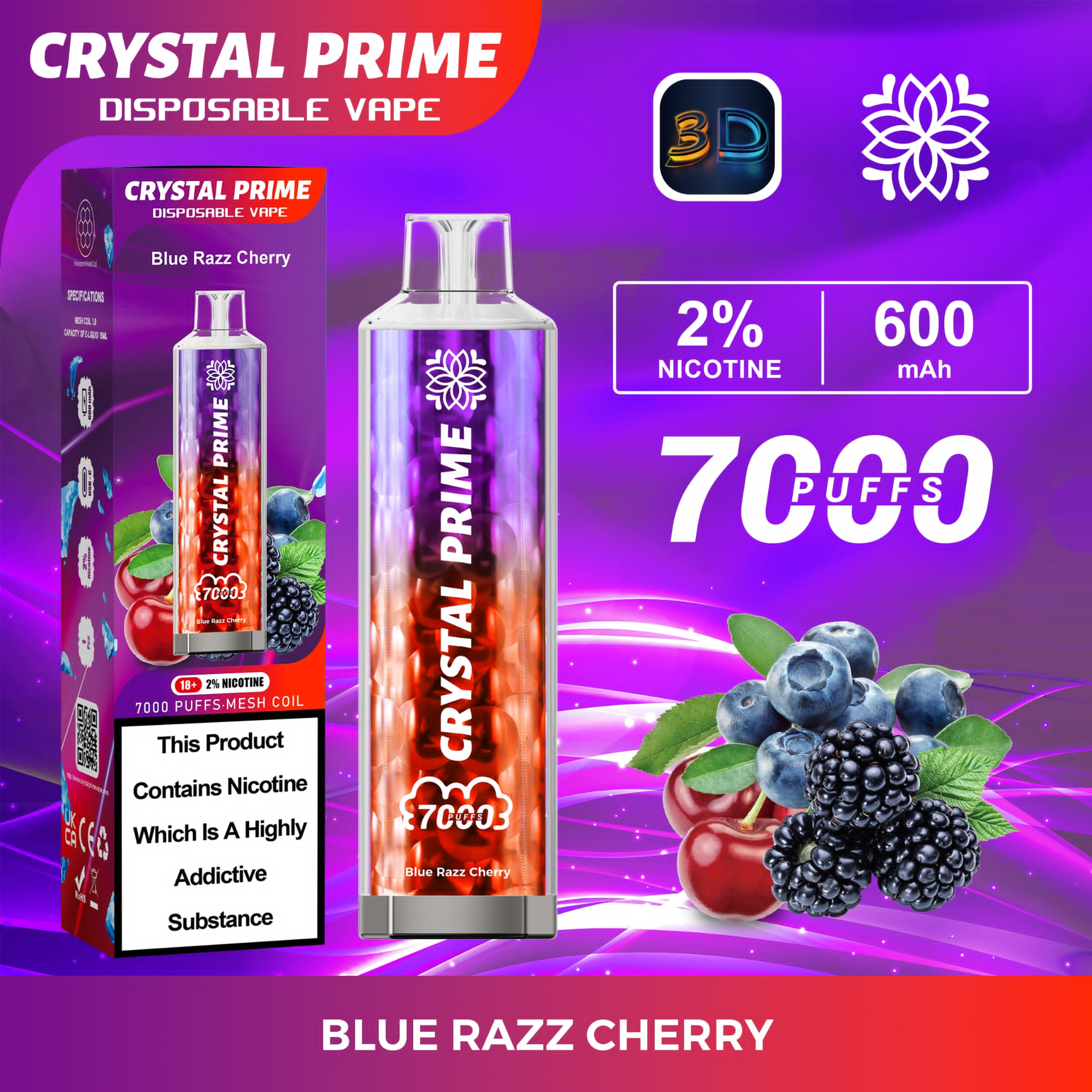 Crystal Prime 3D Effects 7000 Disposable Vape Pod Puff Device Kit - Wolfvapes.co.uk-Blue Razz Cherry *New*