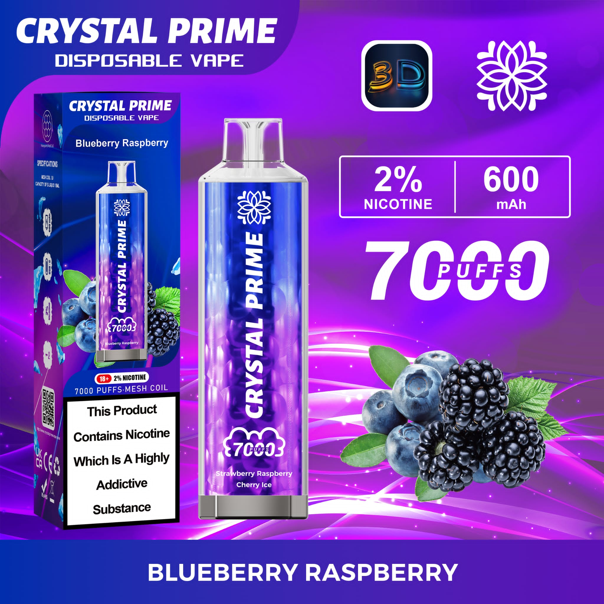 Crystal Prime 3D Effects 7000 Disposable Vape Pod Puff Device Kit - Wolfvapes.co.uk-Blueberry Raspberry **New**