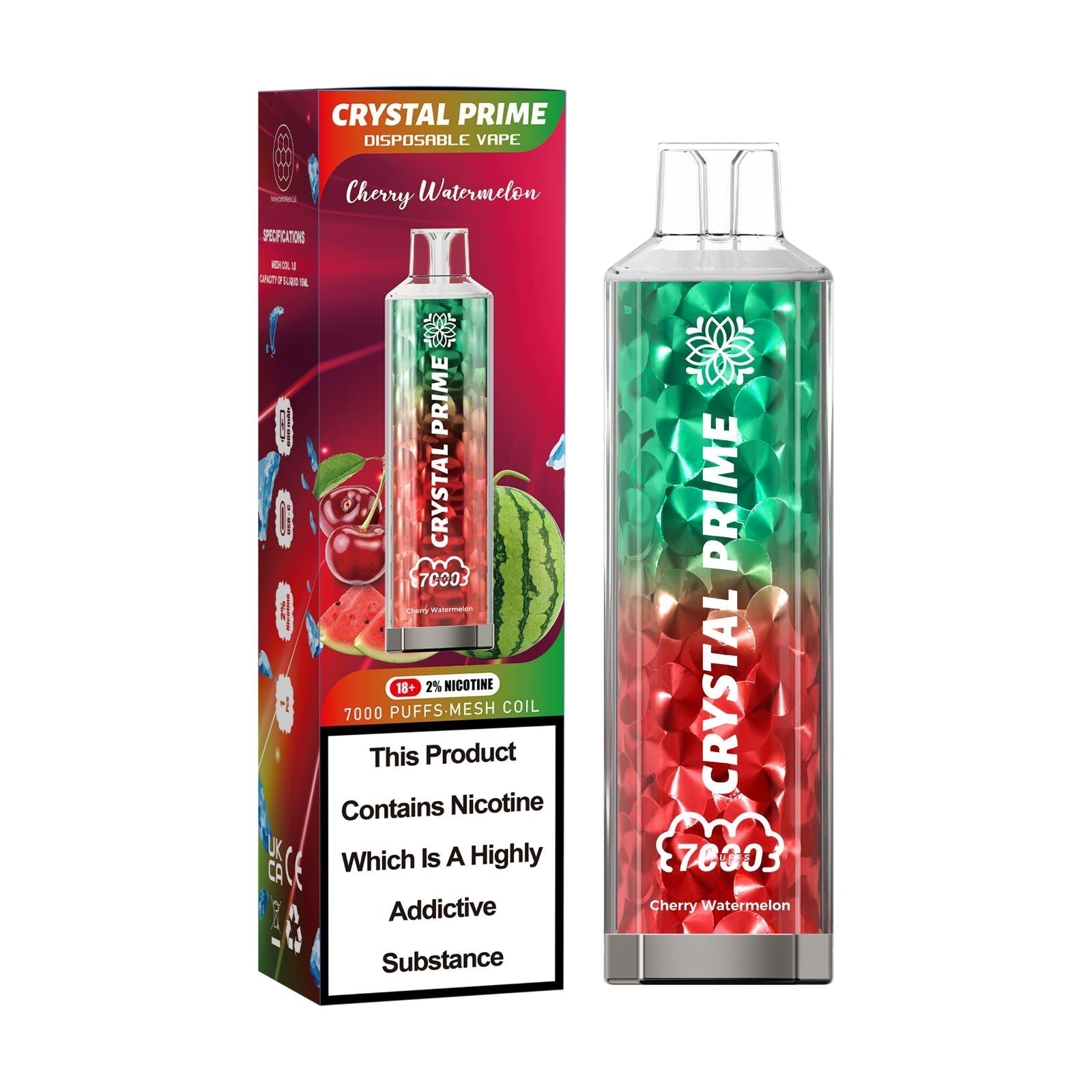 Crystal Prime 3D Effects 7000 Disposable Vape Pod Puff Device Kit - Wolfvapes.co.uk-Cherry Watermelon