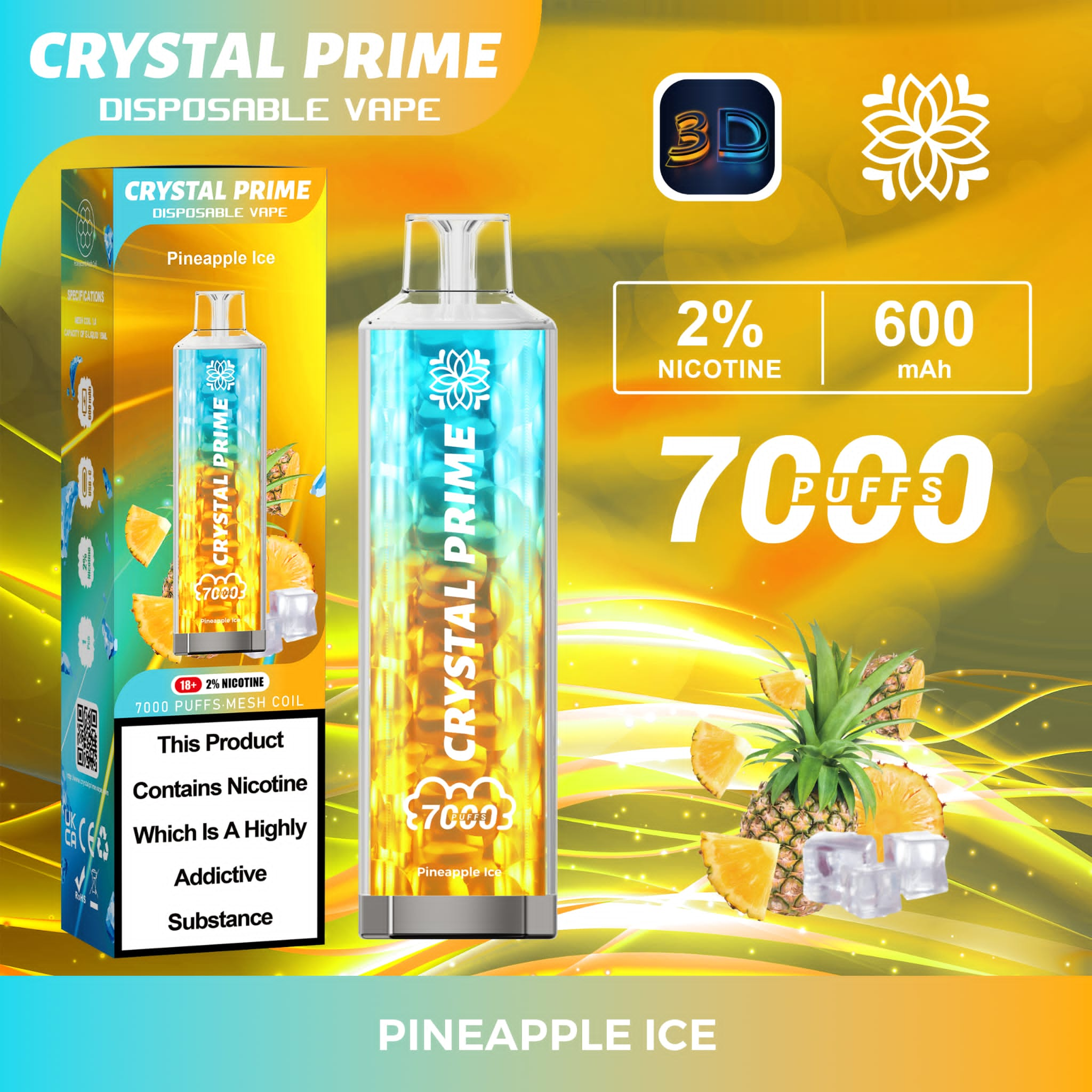 Crystal Prime 3D Effects 7000 Disposable Vape Pod Puff Device Kit - Wolfvapes.co.uk-Pineapple Ice *New*