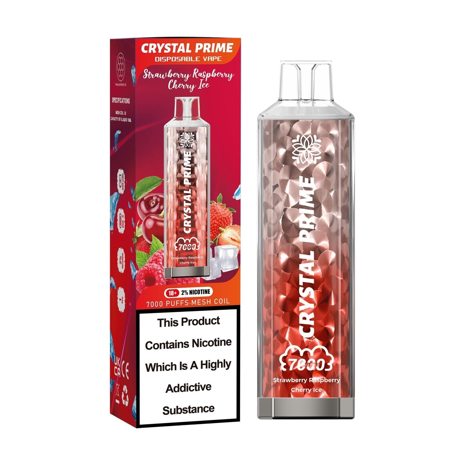 Crystal Prime 3D Effects 7000 Disposable Vape Pod Puff Device Kit - Wolfvapes.co.uk-Strawberry Raspberry Cherry Ice