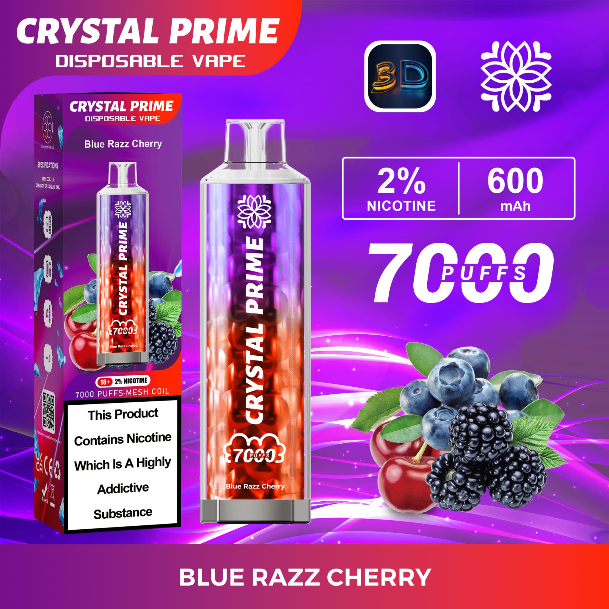 Crystal Prime 3D Effects 7000 Disposable Vape Puff Pod - Box of 10 - Wolfvapes.co.uk-Blue Razz Cherry *New*