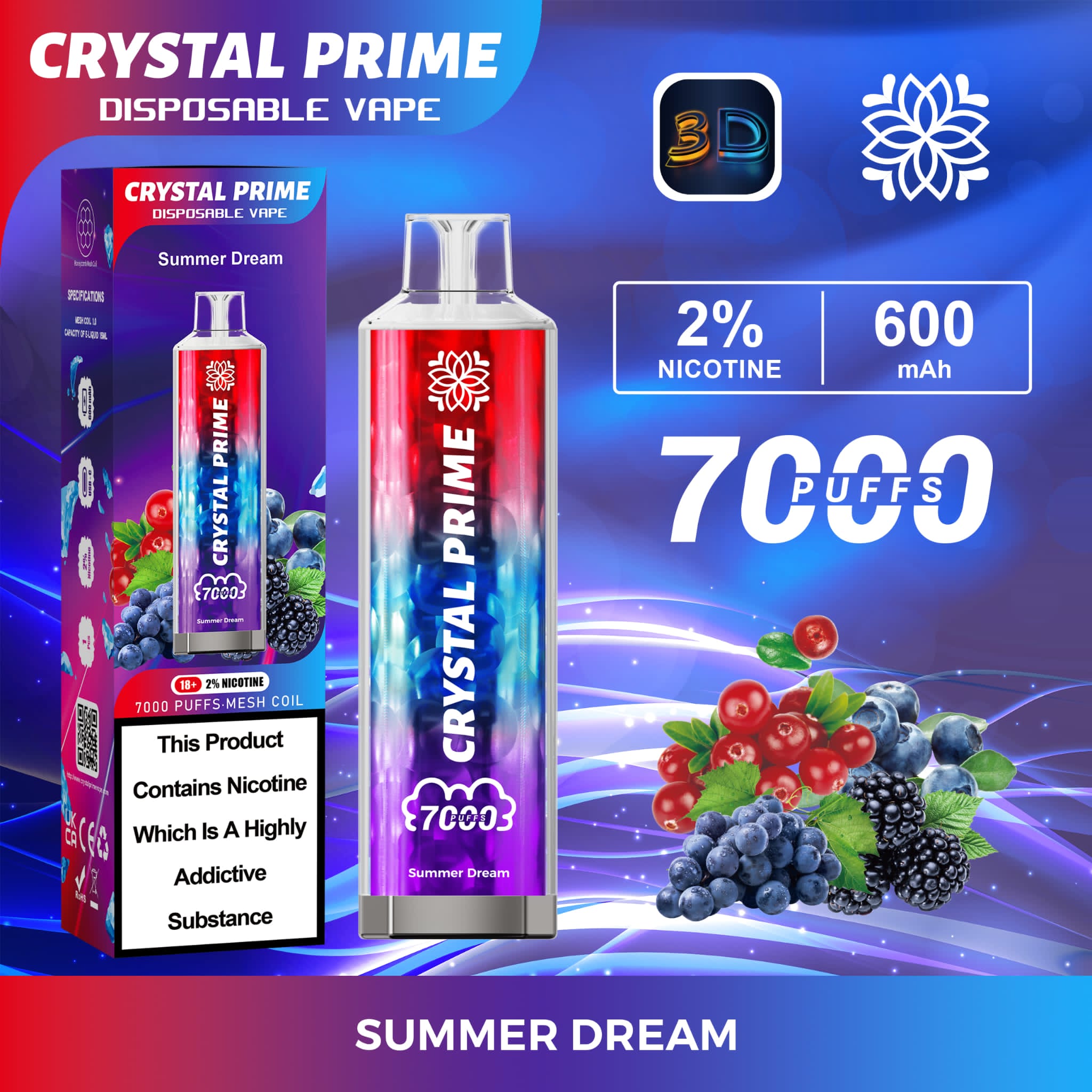 Crystal Prime 3D Effects 7000 Disposable Vape Puff Pod - Box of 10 - Wolfvapes.co.uk-Summer Dream **New**