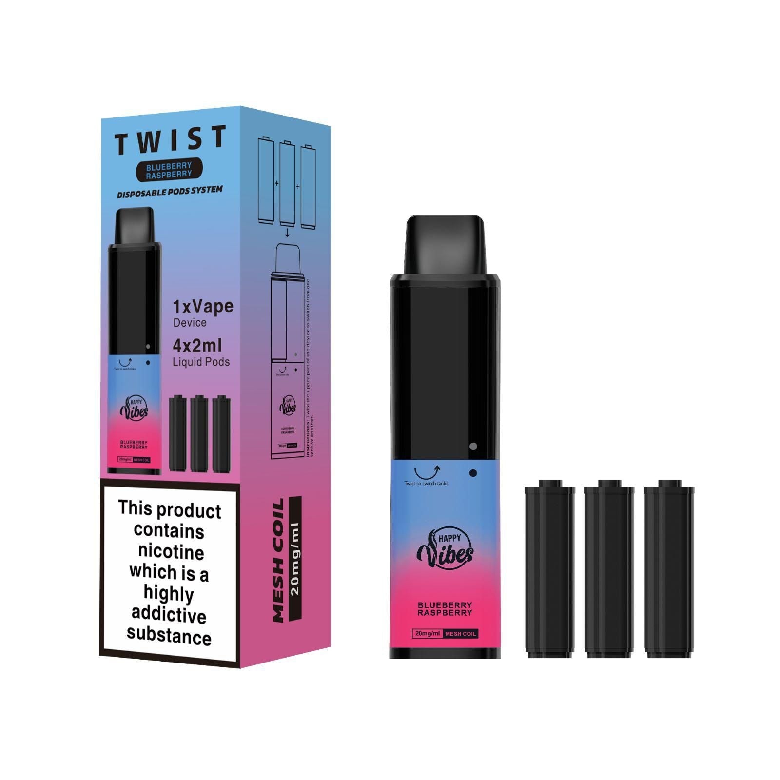 Happy Vibes TWIST 2400 Disposable Vape Pod Pen - 20mg - Wolfvapes.co.uk-Bluberry Raspberry