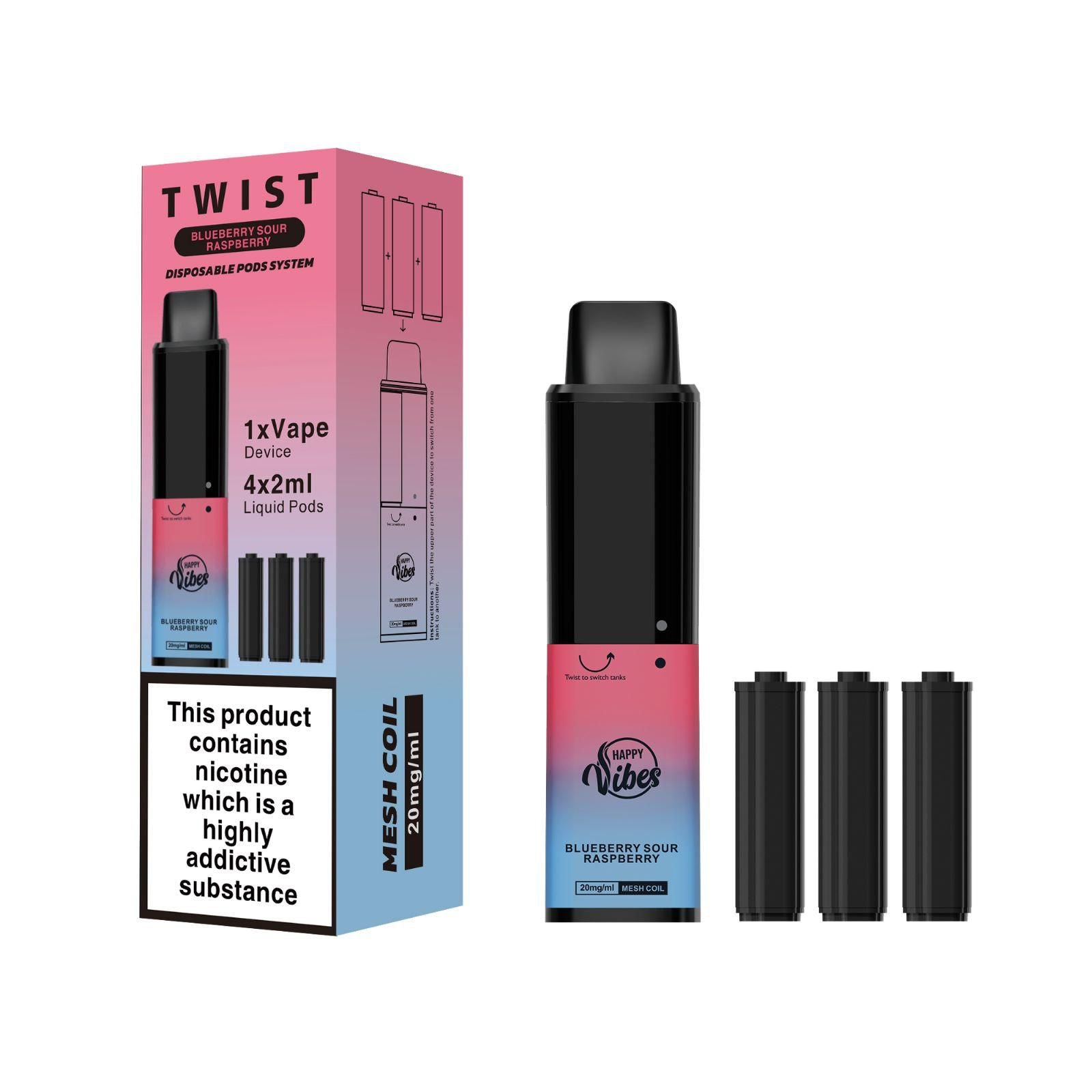 Happy Vibes TWIST 2400 Disposable Vape Pod Pen - 20mg - Wolfvapes.co.uk-Blueberry Sour Raspberry