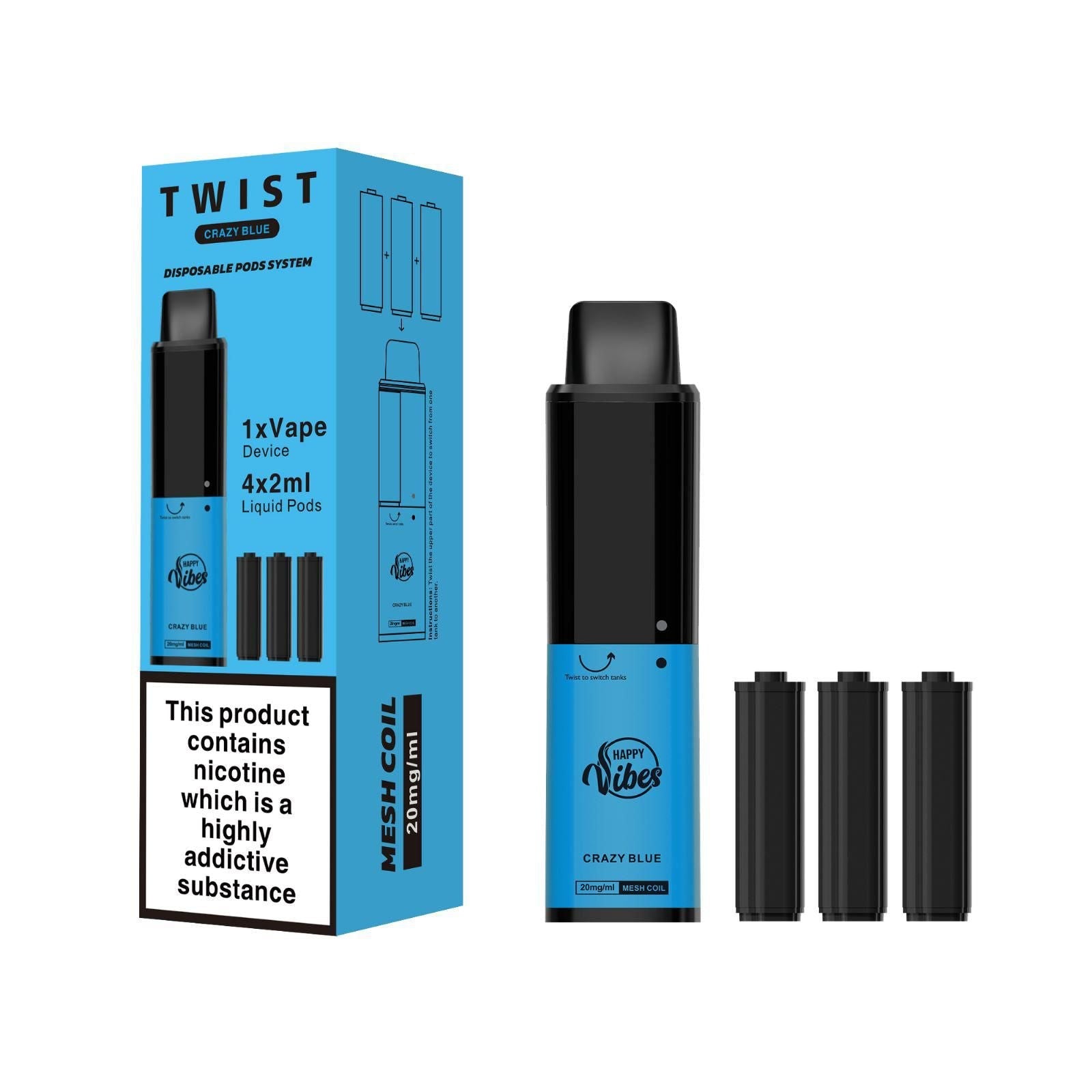 Happy Vibes TWIST 2400 Disposable Vape Pod Pen - 20mg - Wolfvapes.co.uk-Crazy Blue