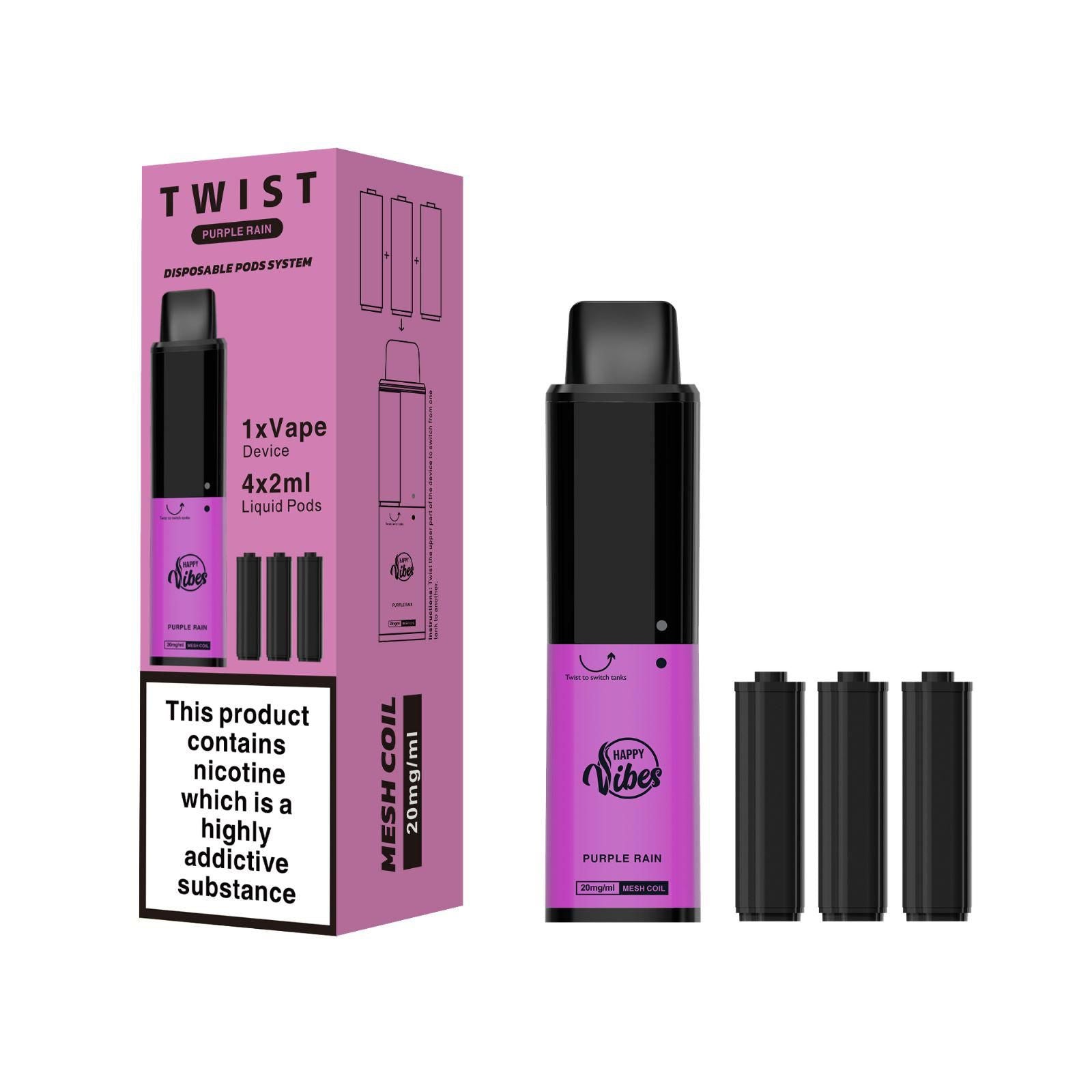 Happy Vibes TWIST 2400 Disposable Vape Pod Pen - 20mg - Wolfvapes.co.uk-Purple Rain