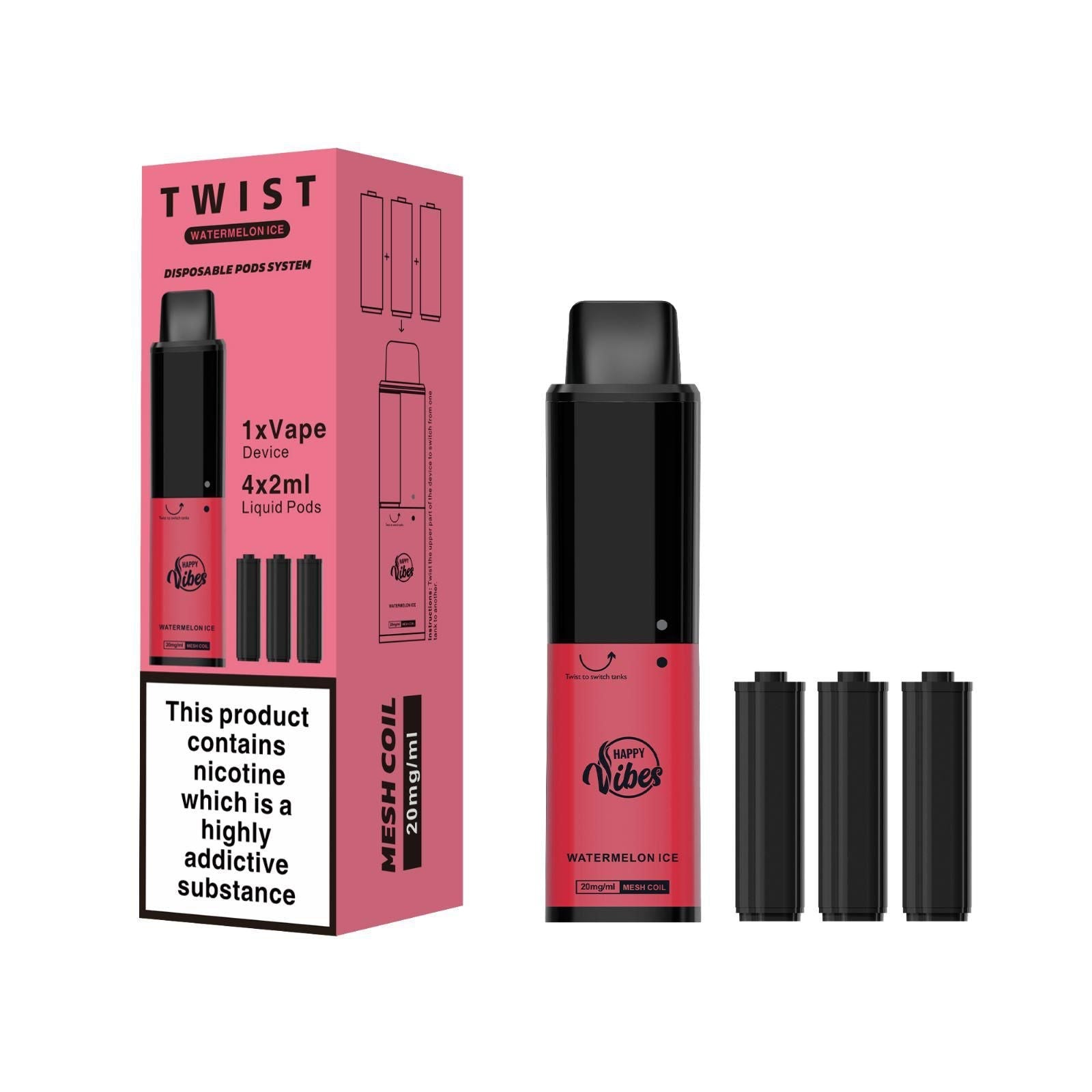 Happy Vibes TWIST 2400 Disposable Vape Pod Pen - 20mg - Wolfvapes.co.uk-Watermelon Ice