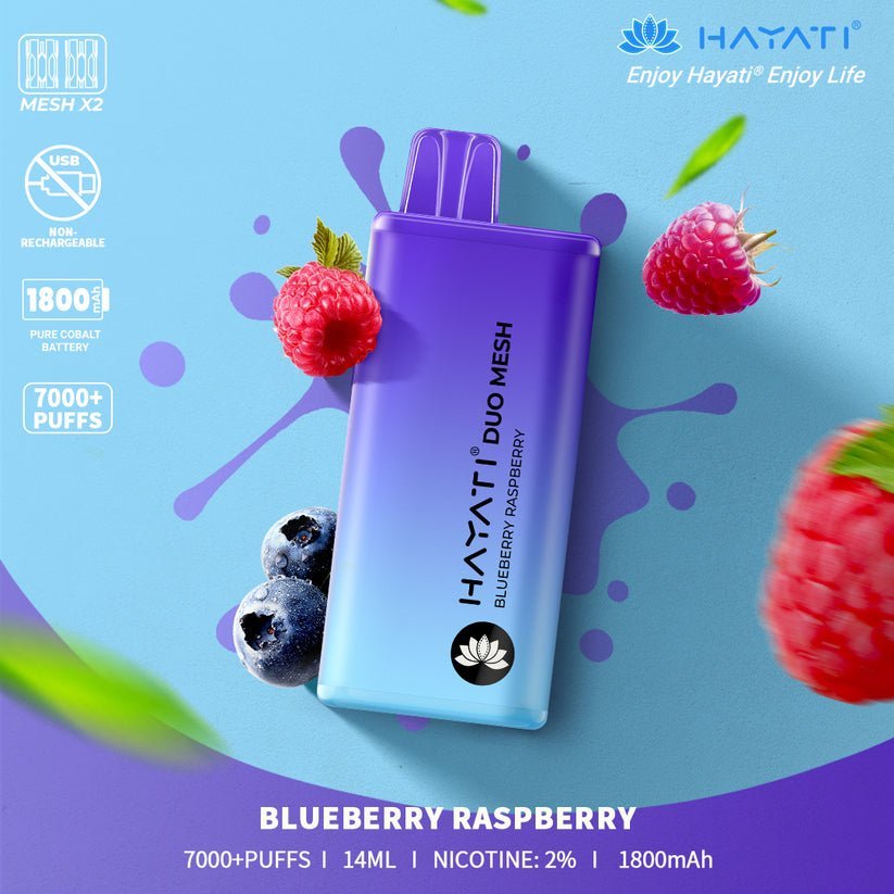 Hayati Duo Mesh 7000 Disposable Vape Puff Bar Pod Box of 10 - Wolfvapes.co.uk-Blueberry Raspberry