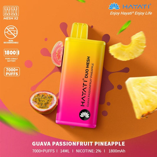 Hayati Duo Mesh 7000 Disposable Vape Puff Bar Pod Box of 10 - Wolfvapes.co.uk-Guava Passionfruit Pineapple