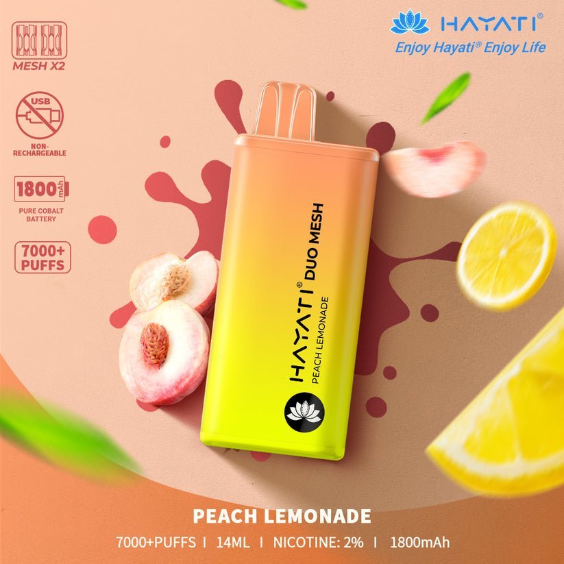 Hayati Duo Mesh 7000 Disposable Vape Puff Bar Pod Box of 10 - Wolfvapes.co.uk-Peach Lemonade