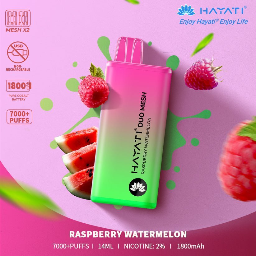 Hayati Duo Mesh 7000 Disposable Vape Puff Bar Pod Box of 10 - Wolfvapes.co.uk-Raspberry Watermelon