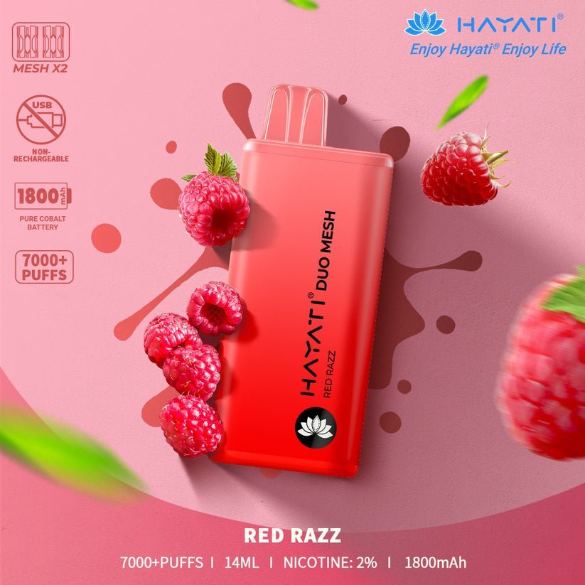 Hayati Duo Mesh 7000 Disposable Vape Puff Bar Pod Box of 10 - Wolfvapes.co.uk-Red Razz