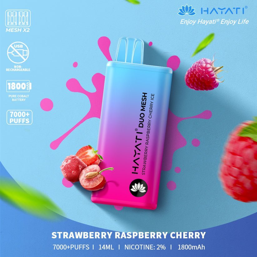 Hayati Duo Mesh 7000 Disposable Vape Puff Bar Pod Box of 10 - Wolfvapes.co.uk-Strawberry Rasberry Cherry Ice