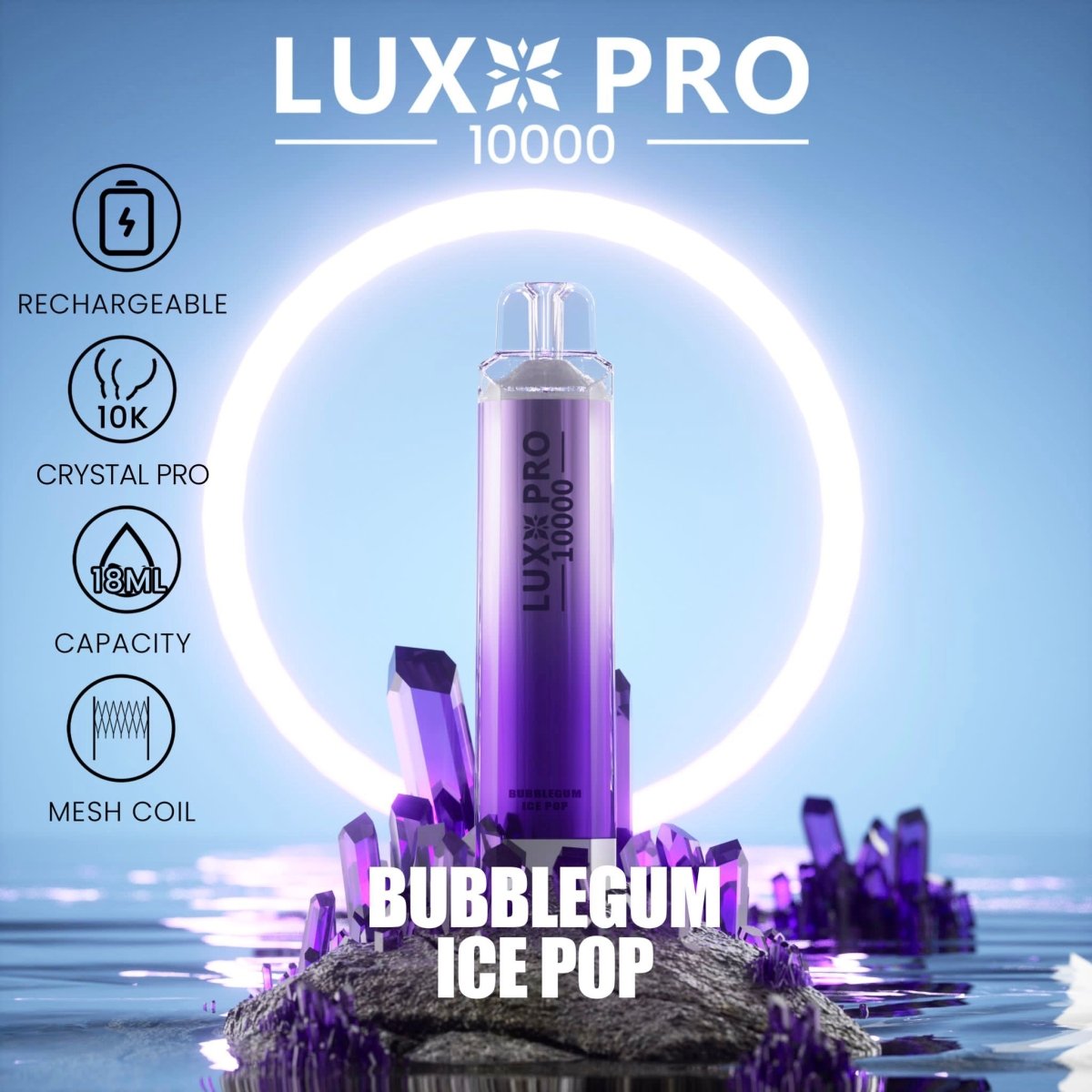 Lux Pro 10000 Puffs Disposable Vape Pod Box of 10 - Wolfvapes.co.uk-Bubblegum Ice Pop