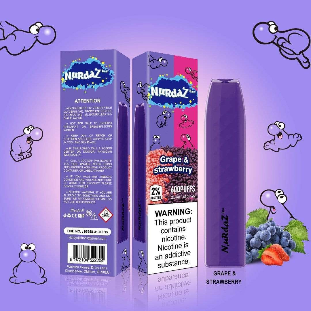 Nurdaz Bar Disposable Pod Device - 600 Puffs - Wolfvapes.co.uk-Grape & Strawberry