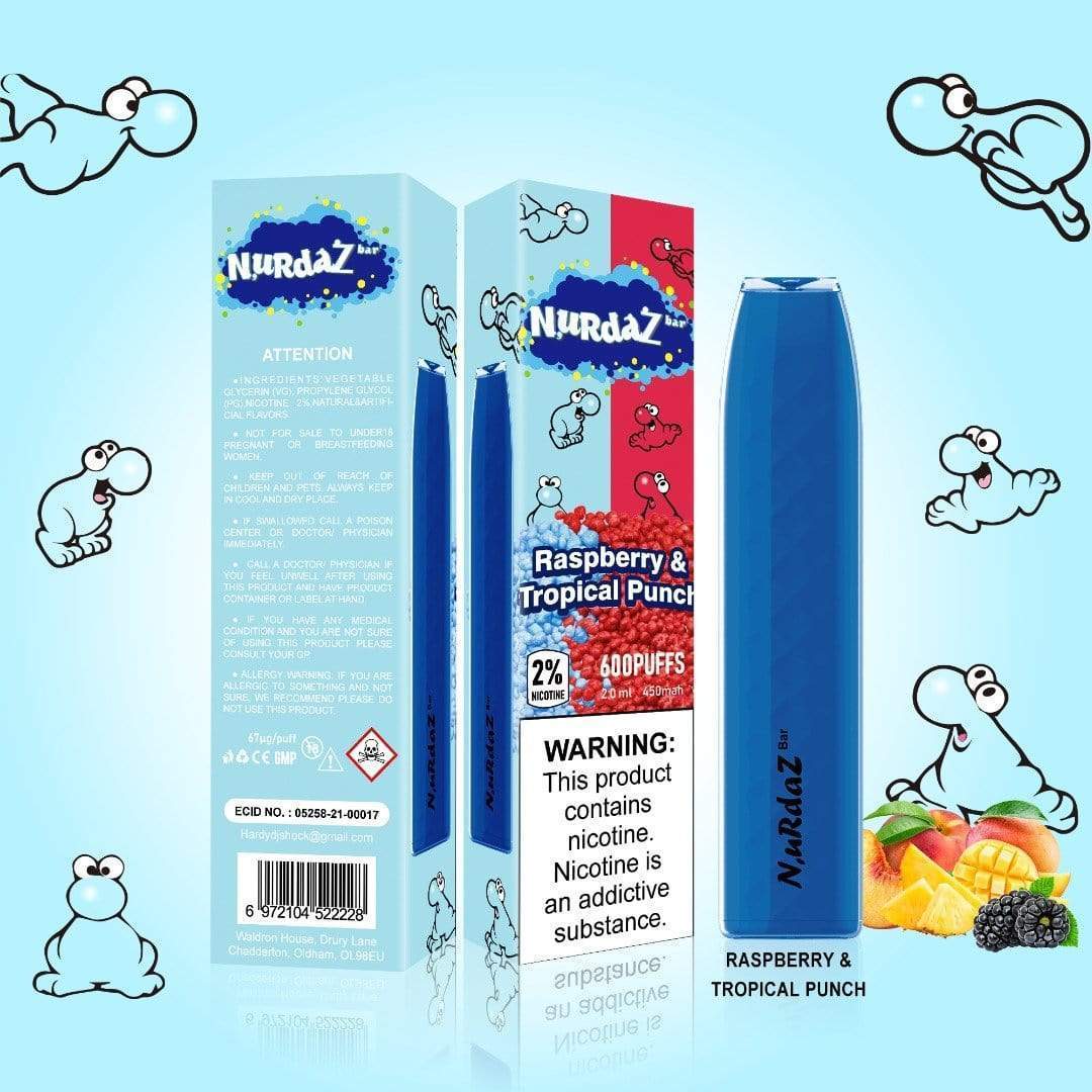 Nurdaz Bar Disposable Pod Device - 600 Puffs - Wolfvapes.co.uk-Raspberry & Tropical Punch